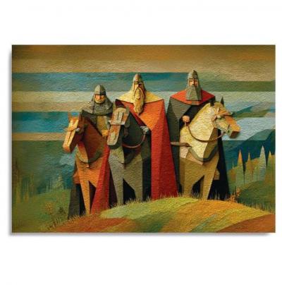 Открытка «С верой в Бога и любовью к Родине» (три богатыря, кубизм) 100Х145 мм (Ваката) 1198