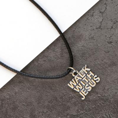 Кулон металлический на шнурке под серебро «Walk with Jesus» (Хожу с Иисусом)